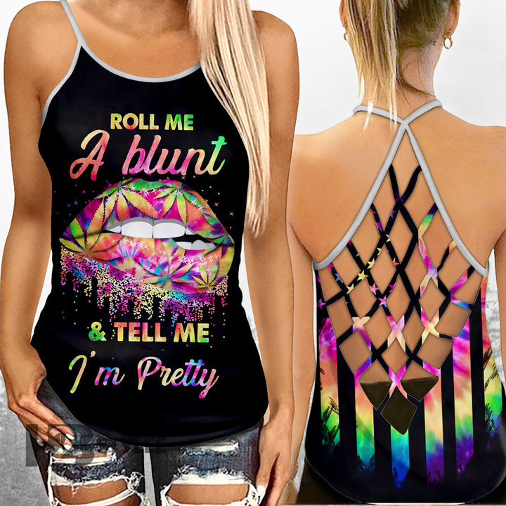 Weed Leaf Lip Flag Tiedye Criss-Cross Open Back Cami Tank Top