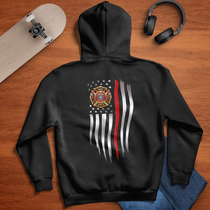 Black hoodie with red, white, and blue flag graphic design, perfect for firefighters and fans of the Kansas City Chiefs.