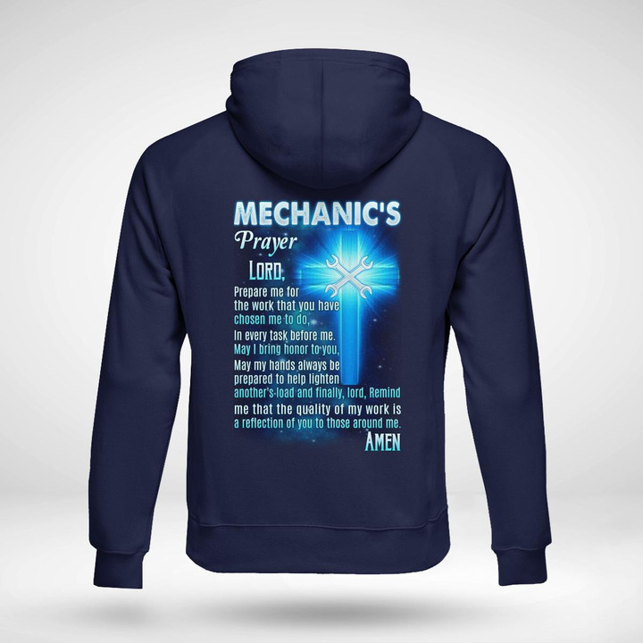 Blue mechanic hoodie with 'MECHANIC'S PRAYER' prayer graphic and small black cross on sleeve