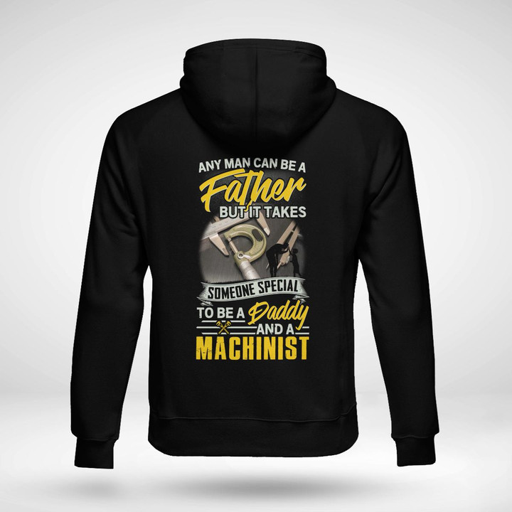 "Black machinist hoodie with bold white text