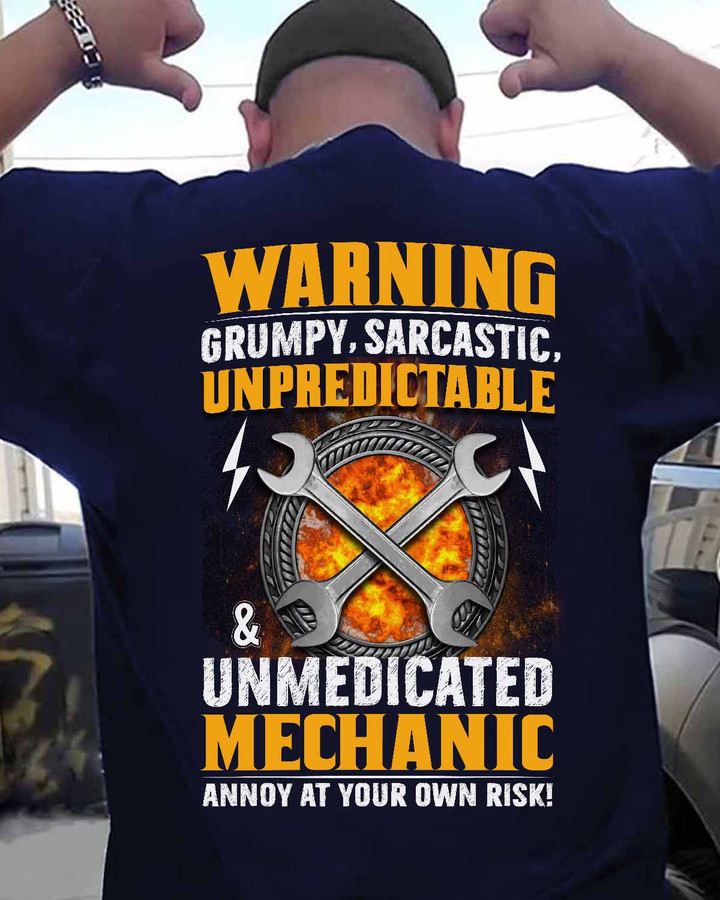 Grumpy Mechanic Navy Blue T-shirt - Unmedicated Mechanic Apparel