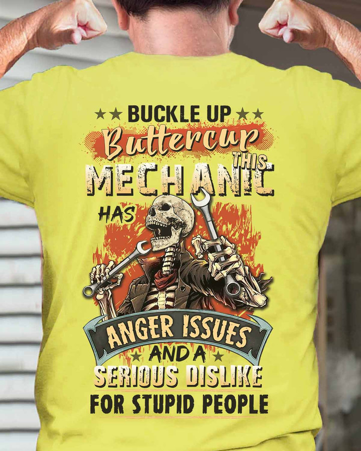 Yellow Mechanic T-shirt: Skeleton with wrench and empowering mechanic quote