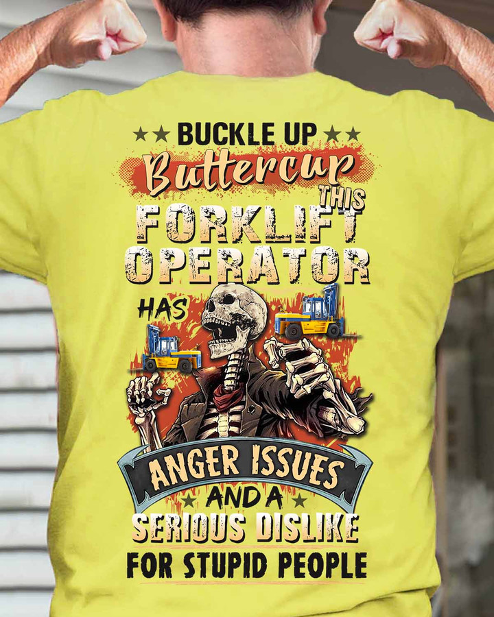 Yellow Forklift Operator T-Shirt with Skeleton Graphic