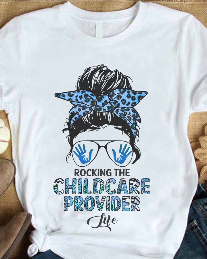 Childcare Provider Life T-Shirt: White tee with blue leopard print headband and sunglasses, a stylish tribute for childcare providers.