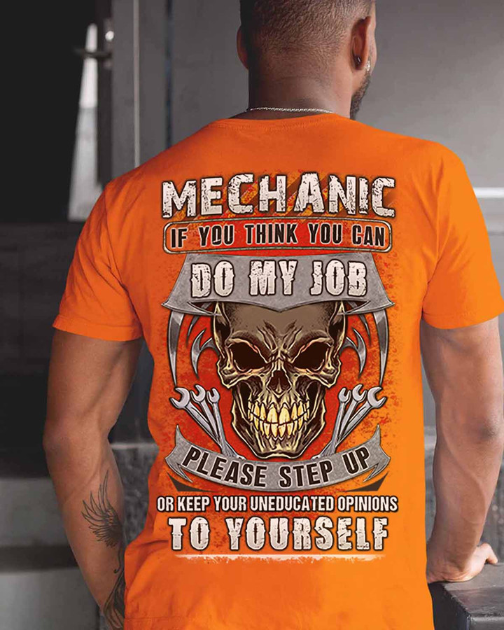 Mechanic Orange Cotton T-Shirt with Skull and Wrenches Graphic