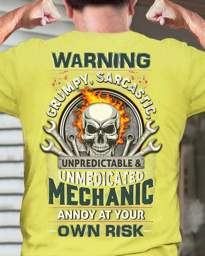 Yellow Mechanic T-Shirt with Skull and Wrenches: Grumpy & Unpredictable Design