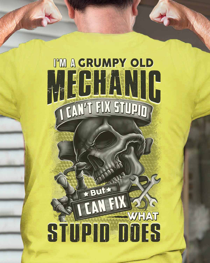 Yellow cotton t-shirt for mechanics with skull graphic and humorous quote