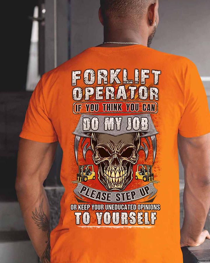 Orange cotton t-shirt for forklift operators with black skull design and empowering text