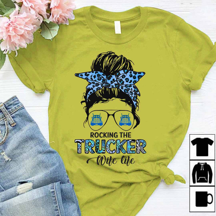 Yellow trucker t-shirt with leopard print headband and sunglasses, symbolizing pride and support for the trucking industry.