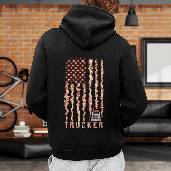 Black Trucker Hoodie with American flag and truck graphic design, perfect for dedicated truckers in the USA.