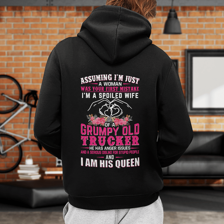 Spoiled Wife of a Grumpy Old Trucker Hoodie - Soft Cotton-Blend Material with White Quote Graphic