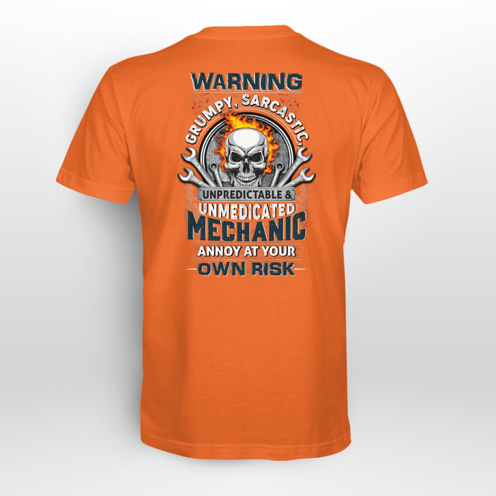 Orange Mechanic T-Shirt with Skull and Wrench Graphic - Warning Sarcastic Grumpy Unpredictable & Unmedicated Mechanic