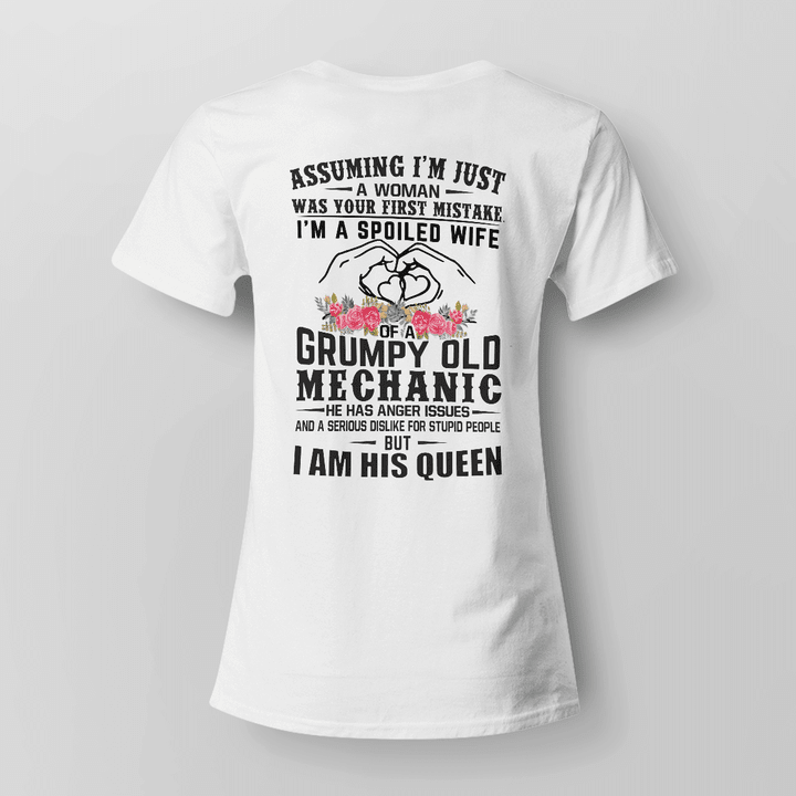 Spoiled Wife of a Grumpy Old Mechanic White Cotton T-Shirt - Empowering and humorous tee for mechanic enthusiasts.
