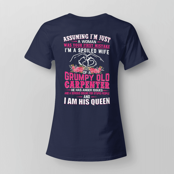 Blue t-shirt for carpenter's wife with empowering and humorous graphic design