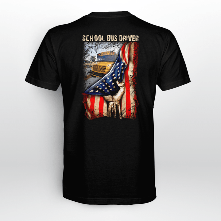 Black School Bus Driver T-Shirt with white "SCHOOL BUS DRIVER" text and American flag graphic.