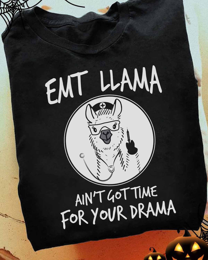 EMT Llama T-Shirt - Black cotton tee with a llama wearing a stethoscope and holding a syringe, showcasing support for emergency medical technicians.