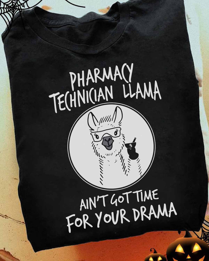 Pharmacy Technician Llama T-Shirt - Black tee with white llama graphic and pharmacy technician uniform, conveying confidence and professionalism.