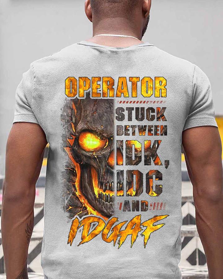 Operator Stuck Between Ick, Vandh T-Shirt - White cotton tee with black skull graphic and quote for operators in the USA.