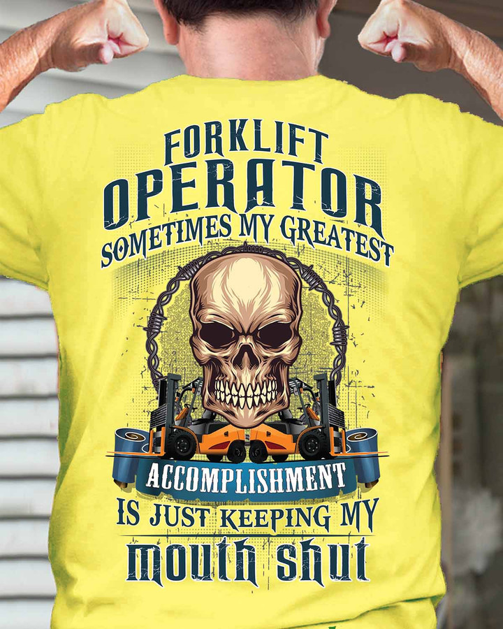 Yellow t-shirt forklift operator with skull and forklift design