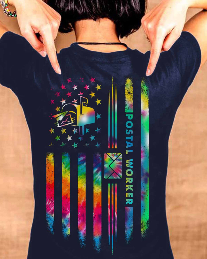 Colorful tie-dye postal worker t-shirt, perfect for expressing your love for the profession.