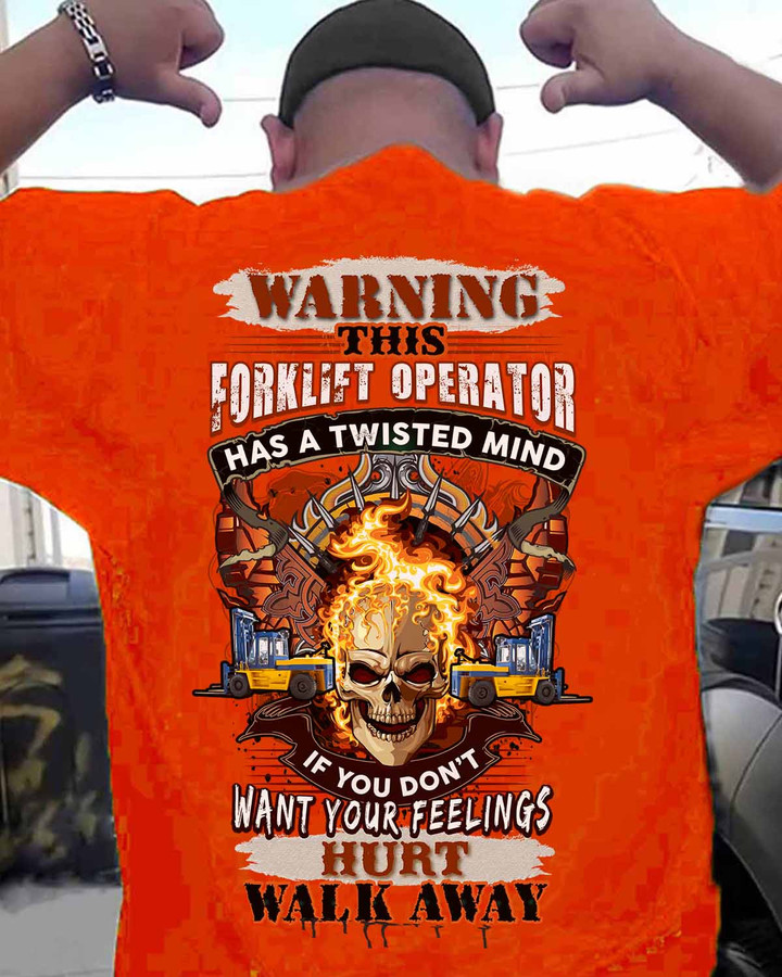 Orange forklift operator t-shirt with skull and forklift graphic