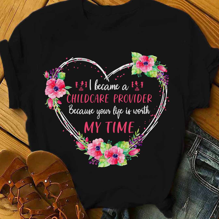 Black T-Shirt for Childcare Providers - Heart and Flowers Design