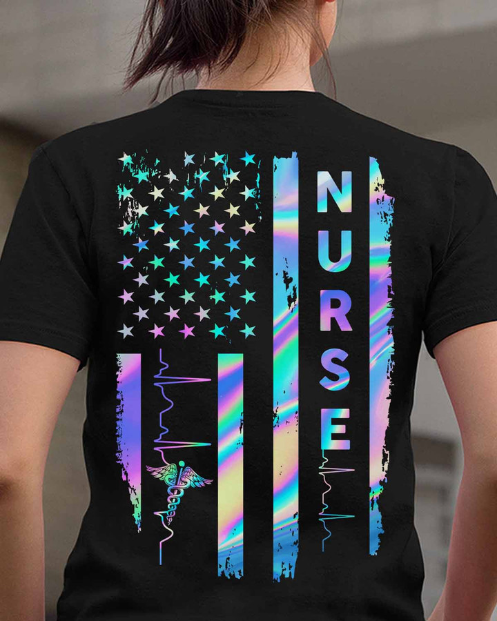 Black NURSE T-Shirt with Rainbow Oil Slick Letters