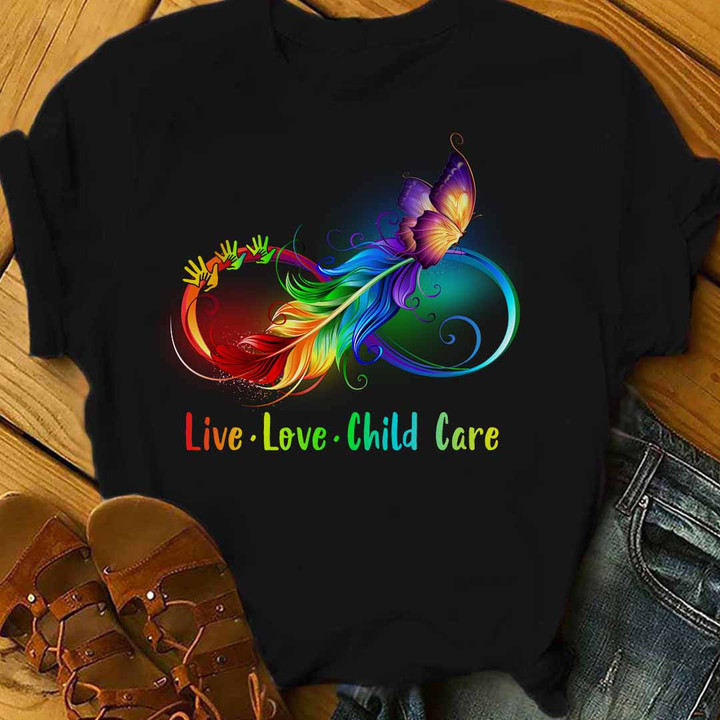 Black Cotton T-shirt for Childcare Providers - Live Love Child Care - Rainbow Feather Graphic