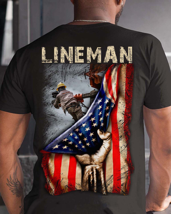 Lineman graphic design t-shirt with American flag, showcasing support for hardworking linemen.