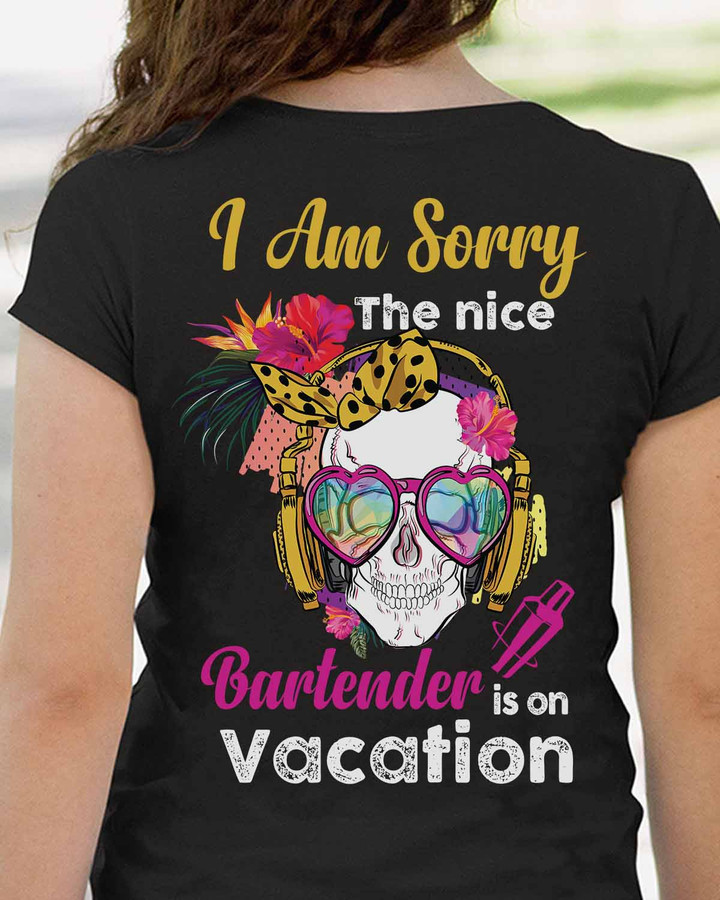 Black Bartender T-Shirt with Skull Graphic and Humorous Quote