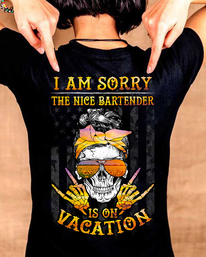 Black Bartender T-Shirt with Skull and Sunglasses Graphic
