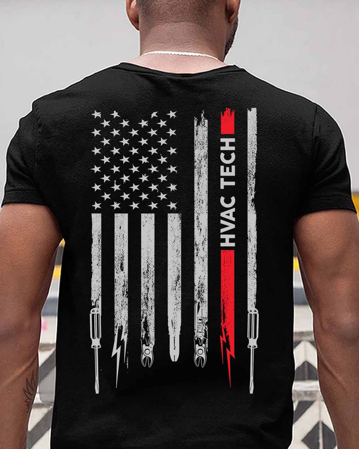HVAC TECH Black T-Shirt with American Flag and Screwdrivers Graphic - Representing the pride of HVAC technicians