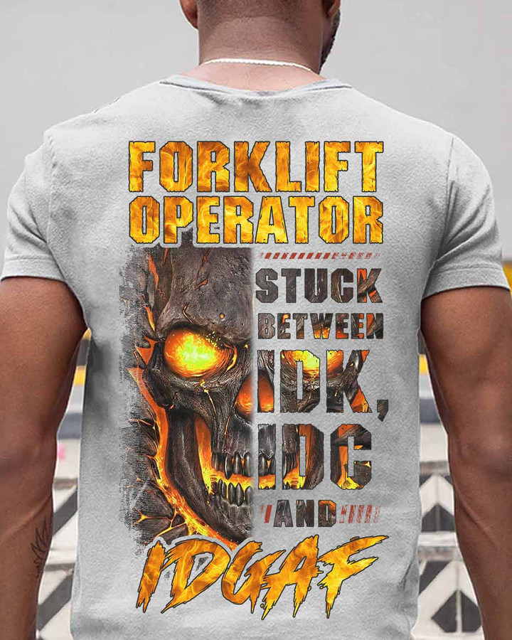 Forklift Operator T-Shirt with Skull Graphic - Stuck Between a Rock and a Hard Place