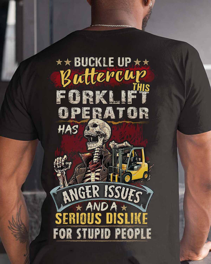 Black Cotton Blend Forklift Operator T-Shirt - Buckle Up Buttercup!