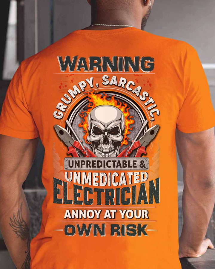 Electrician T-Shirt - Skull and Pliers Graphic with Warning Message