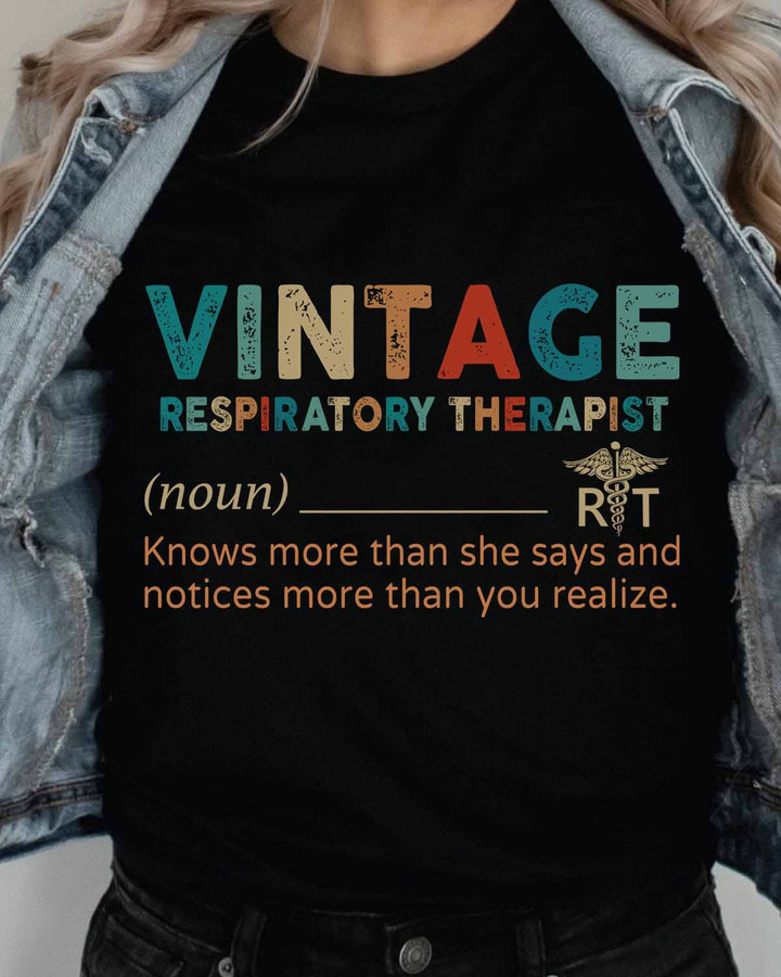 Black t-shirt with white text displaying 'Vintage Respiratory Therapist.' R T design represents Respiratory Therapist profession.