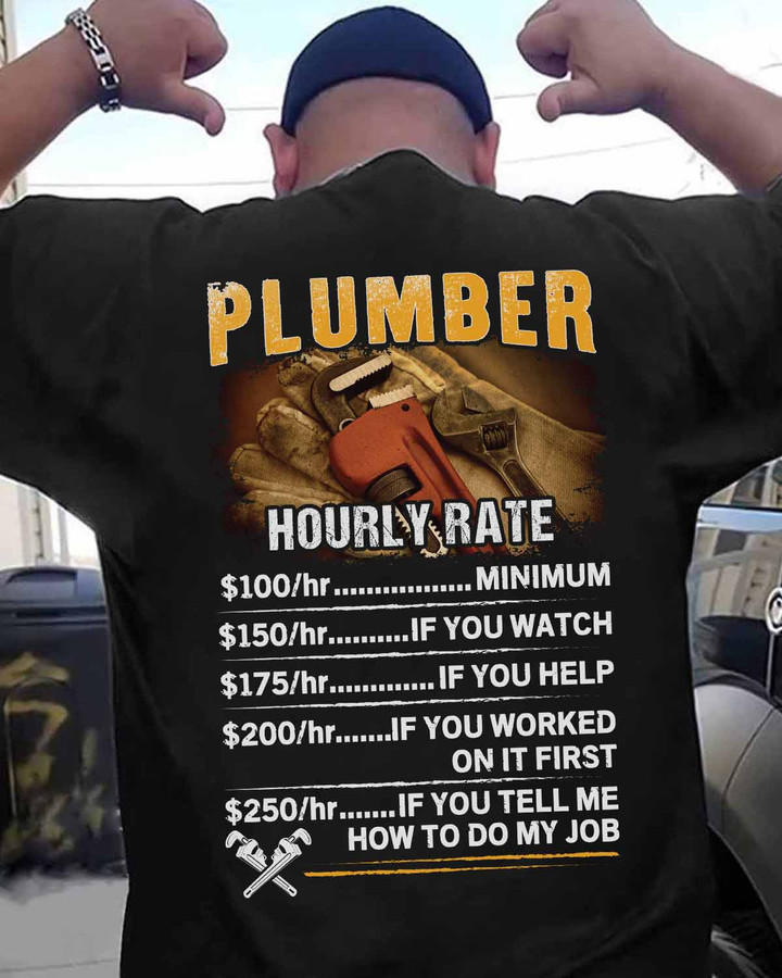 Plumber t-shirt with graphic design of a muscular plumber, wrench, and gloves.