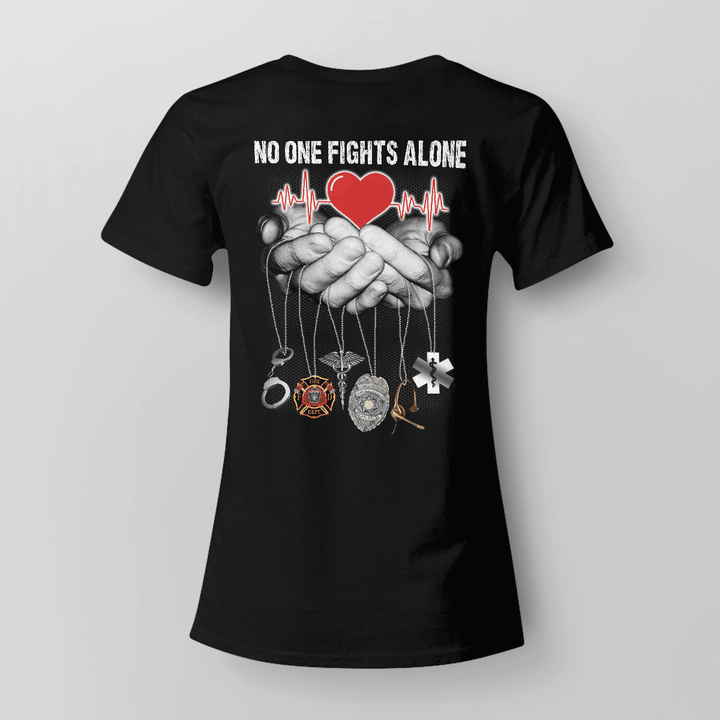 Black EMT T-Shirt with 'No One Fights Alone' Text in White Letters