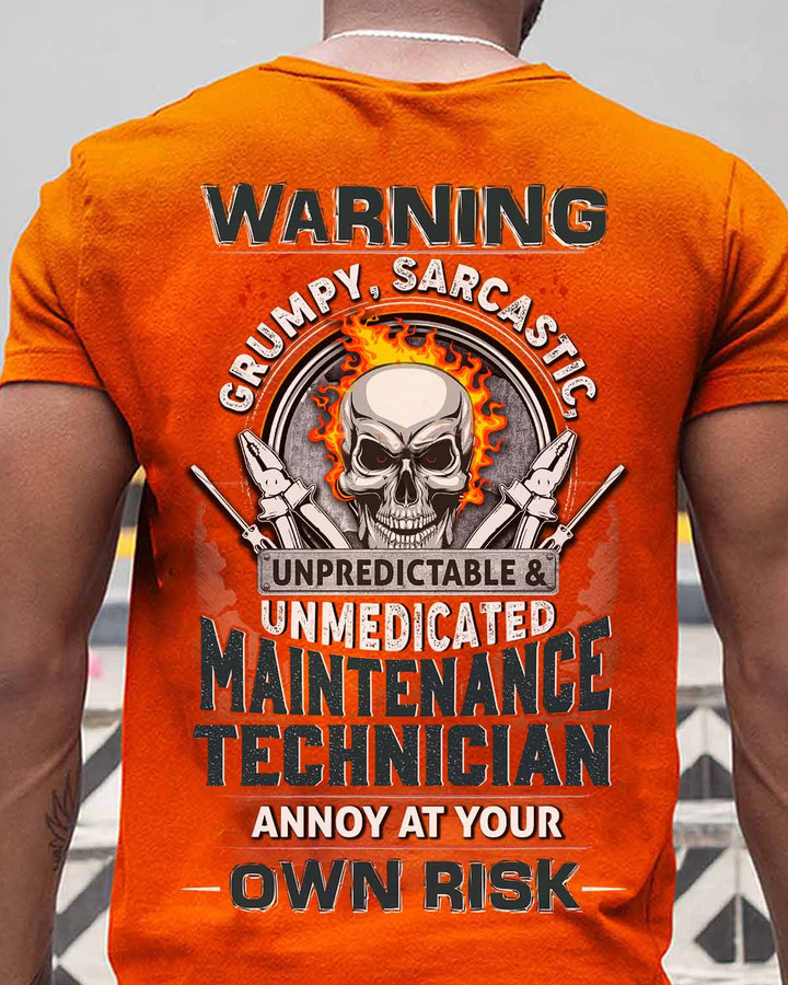 Maintenance Tech T-Shirt with Skull and Flames Design