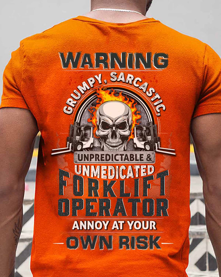 Forklift Operator T-Shirt with Skull Graphic and Bold Warnings
