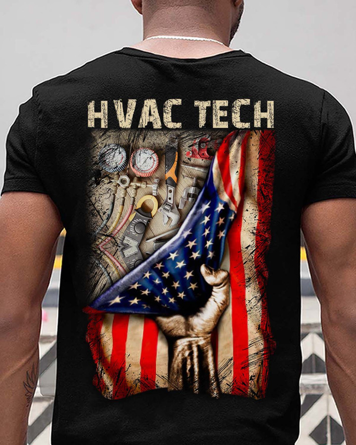 Black HVAC tech t-shirt with 'HVAC TECH' text and American flag graphic