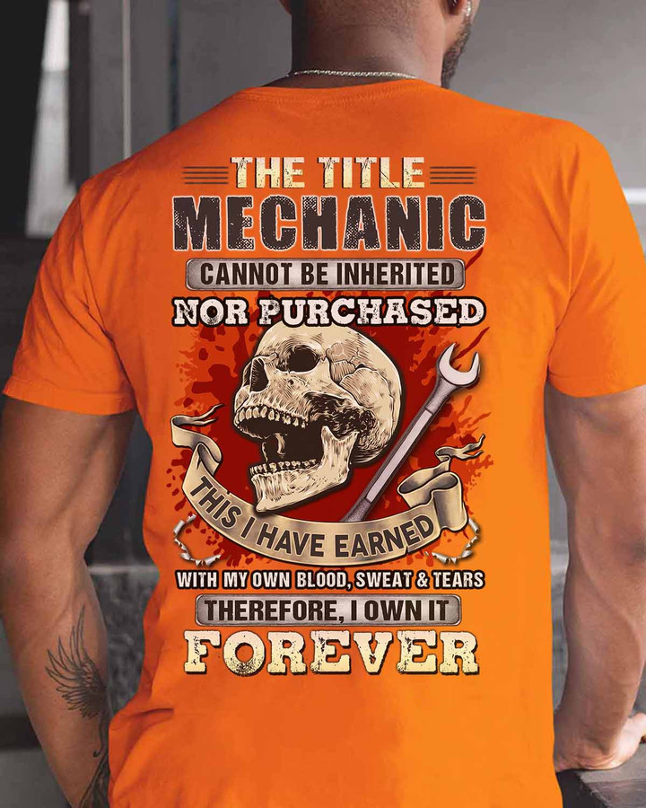 Mechanic T-Shirt - Orange with Skull and Wrench Design