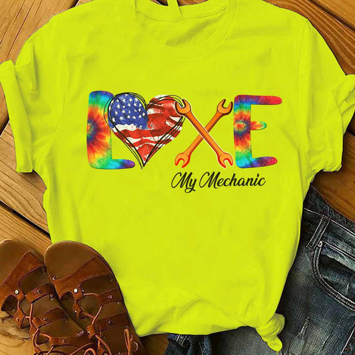 Neon yellow t-shirt with tie dye heart and wrench design, perfect for mechanics