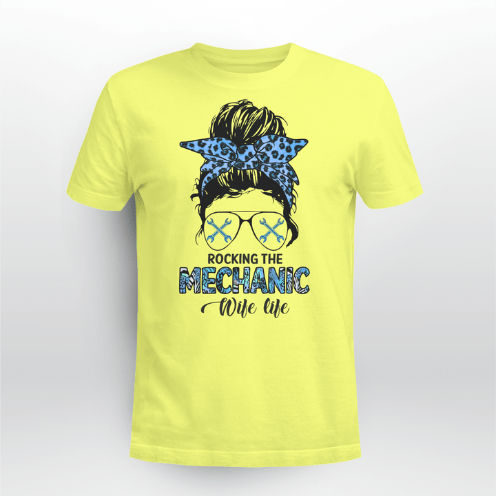 Yellow t-shirt with blue leopard print headband and sunglasses design, perfect for the mechanic wife life