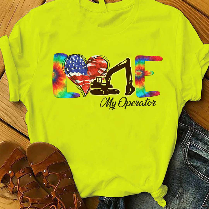 Bright yellow tie-dye t-shirt with 'I Love My Operator' quote, perfect for blue-collar workers in the operator profession.