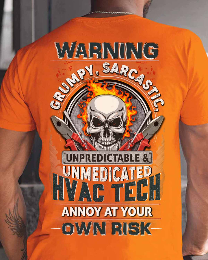 "Orange cotton t-shirt for HVAC techs with 'WARNING