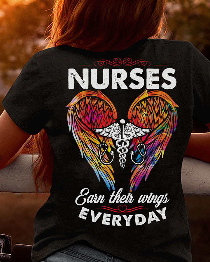 Black Nurse T-Shirt with Caduceus Symbol and Wings - Nurses Earn Their Wings Everyday