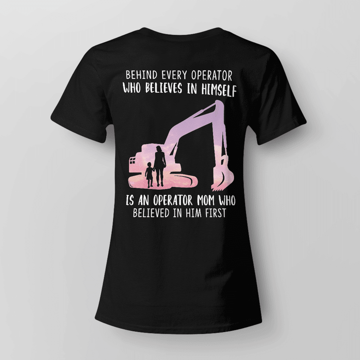 Operator Mom T-Shirt - Graphic Design of Woman and Child Standing Next to an Excavator