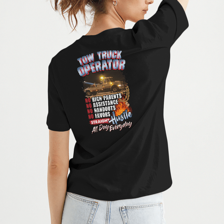 "Black tow truck operator t-shirt with powerful quote