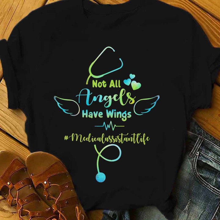 Black medical assistant t-shirt with stethoscope and wings design - Not all angels have wings